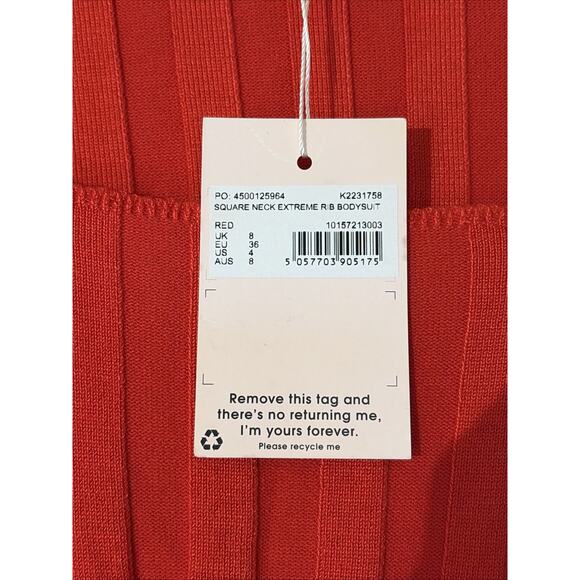 MISSGUIDED Red Square Neck Extreme Ribbed Long Sleeve Bodysuit Womens 4 NEW NWT - Picture 3 of 7